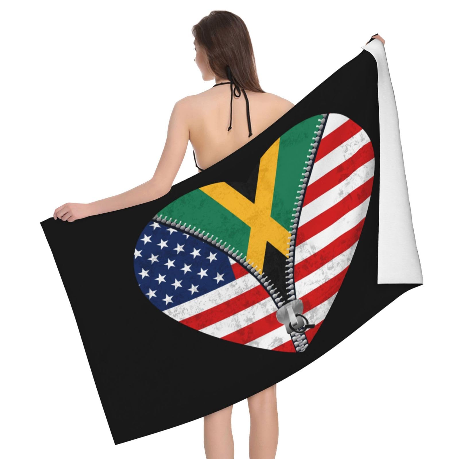 HLBSDM Microfiber Heart America Flag and Jamaica Flag Beach Towel Quick Dry Soft Sand Free Beach Towels for Pool Swim Beach Lightweight Thin Towels