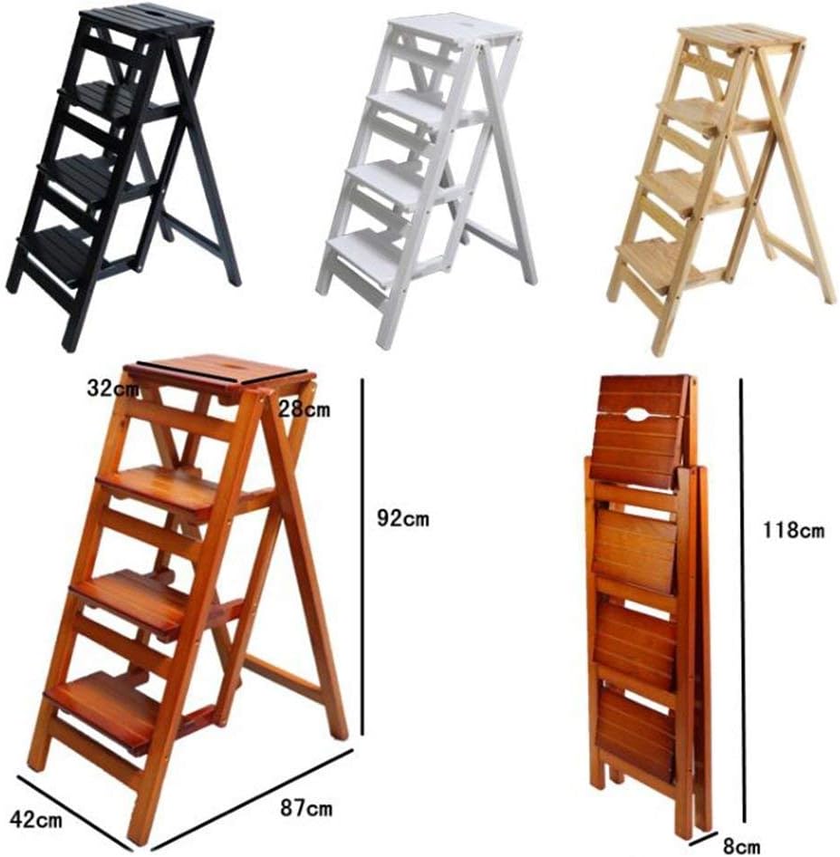 Folding Wooden Ladder Stool - Solid Wood Multifunctional Library Steps White & Natural Color Ideal for Kitchen & Office 4-Folding Chair
