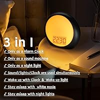 Vista 4 de Reloj despertador de amanecer para niños, durmientes pesados, dormitorio con simulación de amanecer, puesta de sol, ayuda para dormir, alarma dual