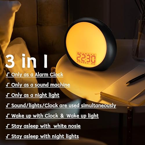 Miniatura 6 de Máquina de ruido blanco despertador con luz de amanecer con simulación de amanecer y atardecer para personas que duermen pesadas, alarmas duales,