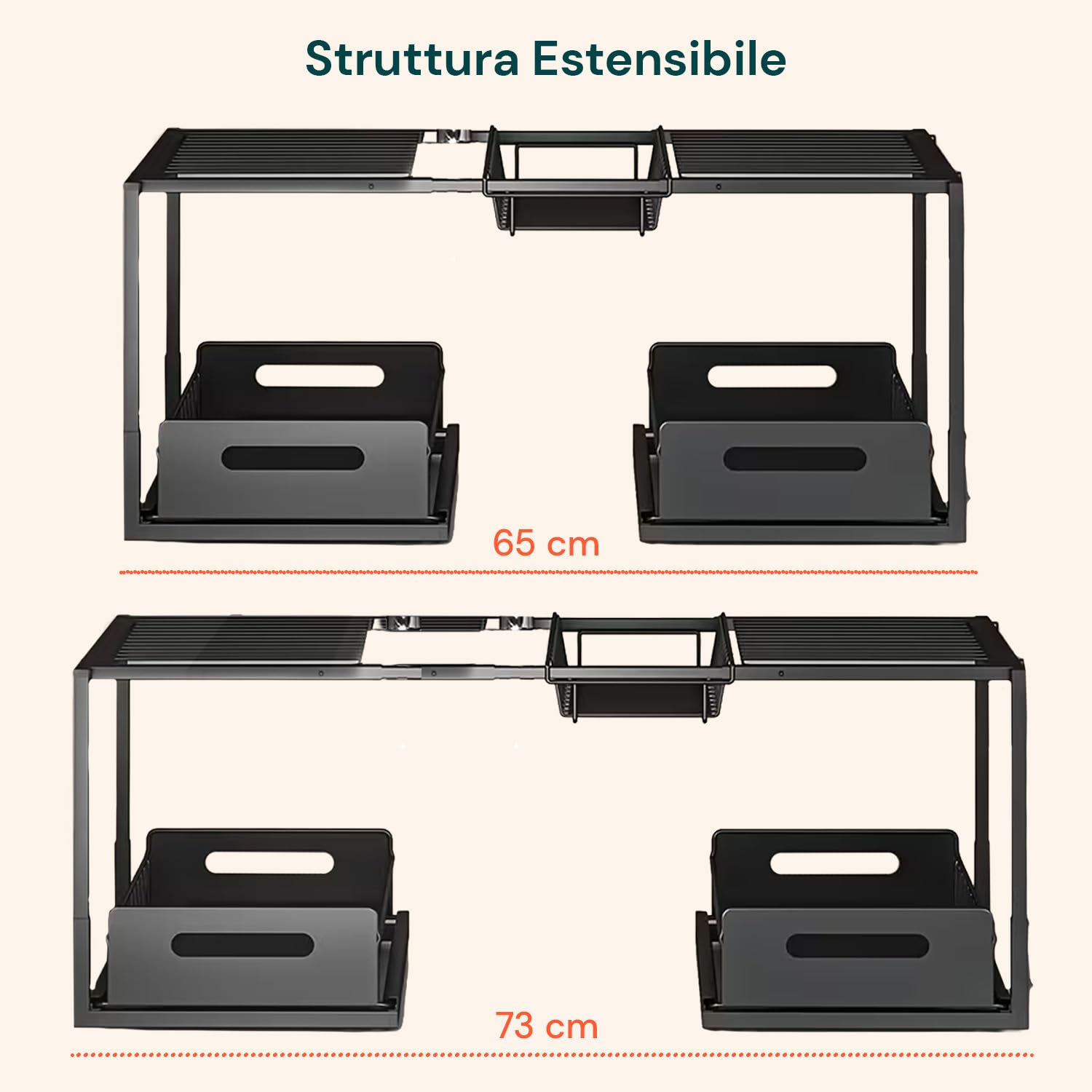 Wintem - Organizer Sottolavello Cucina Espandibile in Acciaio con 2 Cassetti Estraibili, Scaffale Salvaspazio Regolabile per Lavello, Mobile Cucina, Bagno e Lavanderia, Montaggio Facile