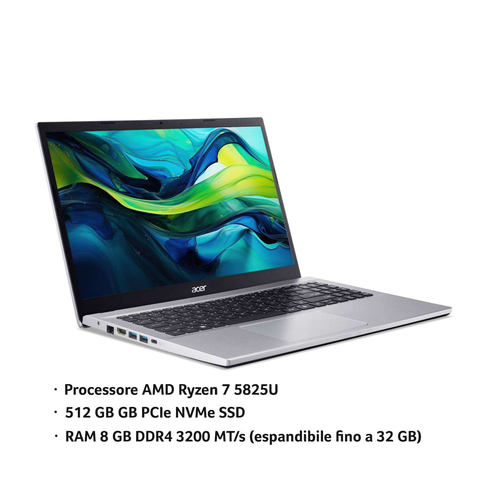 Acer Aspire Go 15 AG15-42P-R67Q Notebook PC Portatile, Silver | AMD Ryzen™ 7 5825U, RAM 8 GB DDR4, 512 GB SSD, Display 15.6" FHD, AMD Radeon, Windows 11 Home, Senza alimentatore