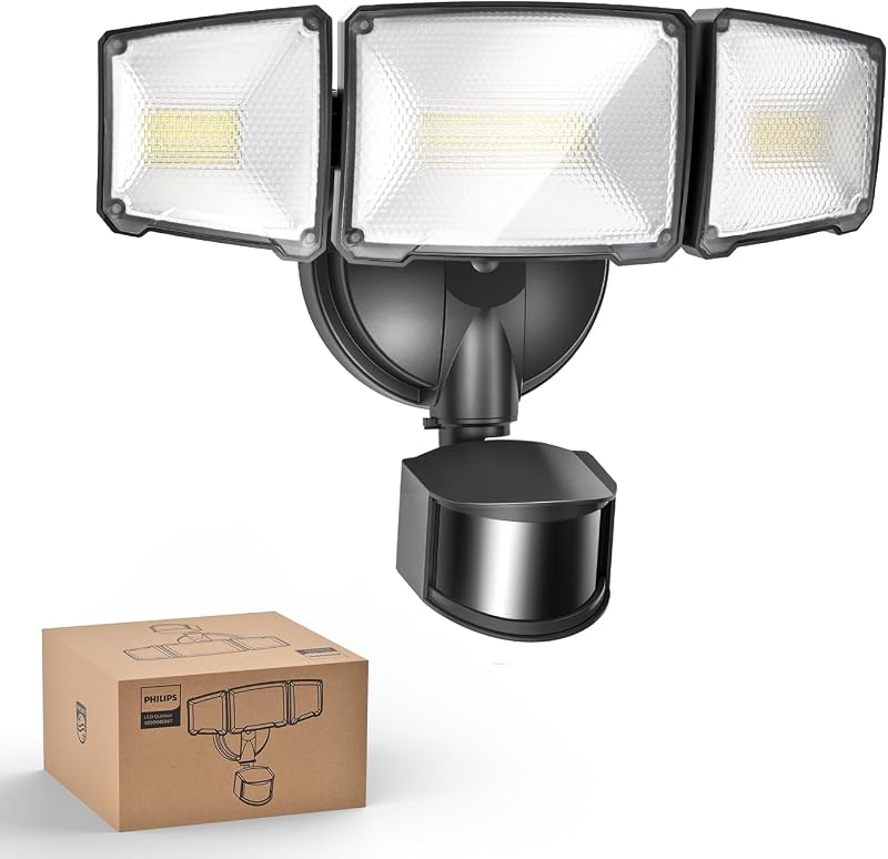 72W 7400LM LED Security Lights w/PIR Motion Sensor Outdoor, 5000K Daylight Dusk to Dawn Aluminum Flood Light, 3 Adjustable Heads, Waterproof for Garage, Yard, Porch
