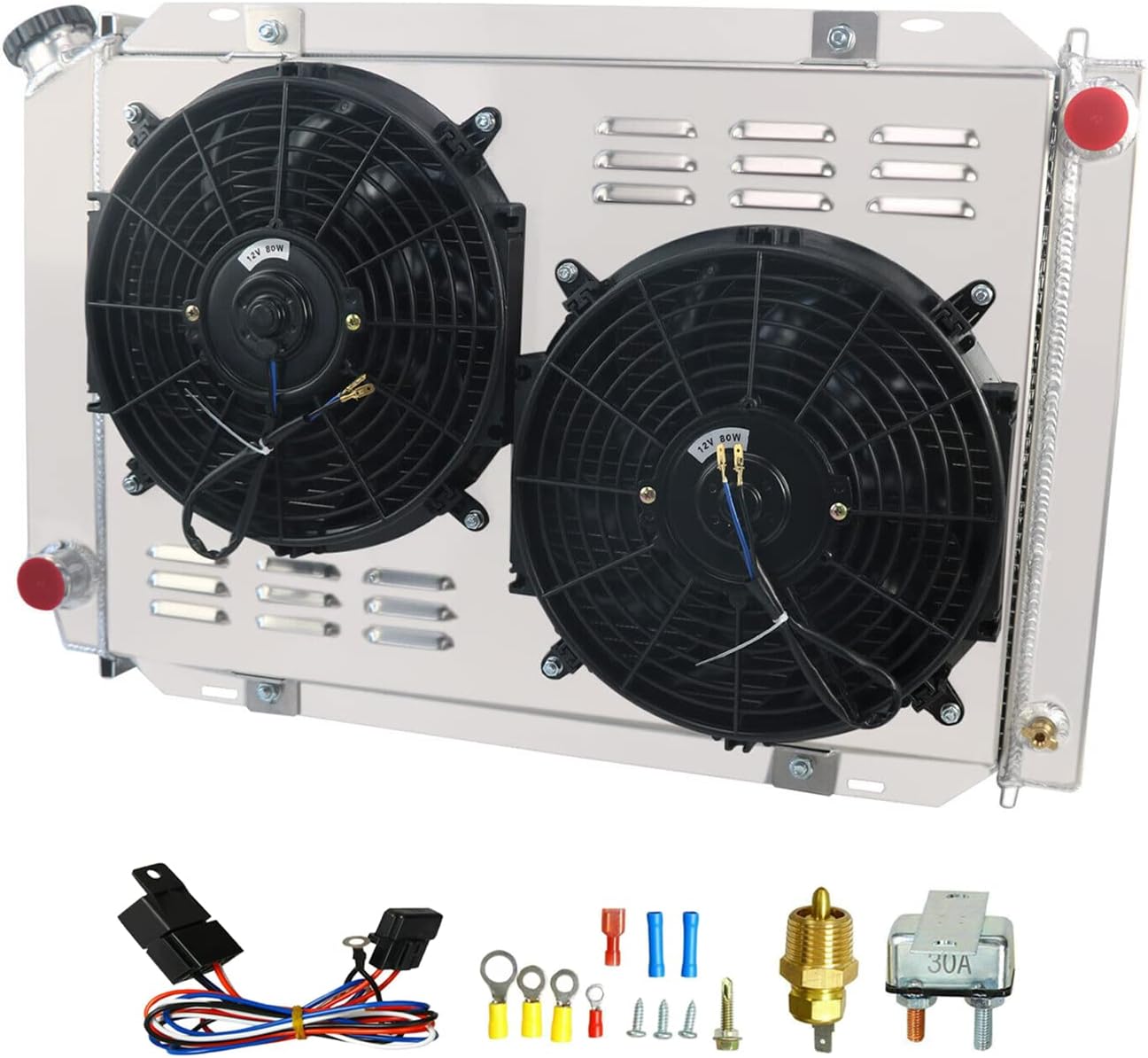 Radiator with Fan w/Shroud & Thermostat Relay Kit for 1979-1993 Ford Mustang Lx Gt 5.0l V8,4 Row Core Aluminum Radiator