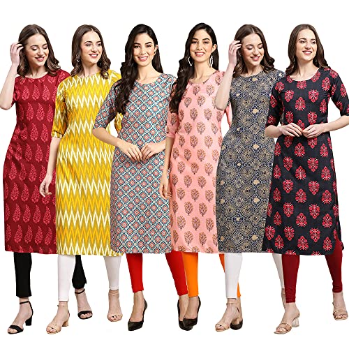 Image of Pinkmint Women's Crepe Digital Print Straight Kurta Pack of 6 [CR-336-370-344-343-328-366]