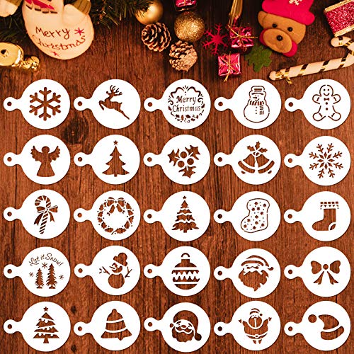 Qpout 25pcs Christmas Cookie Stencil Set, Xmas Party Cookie Fondant Coffee Decoration Embossing Mold, Santa Claus Christmas Tree Snowflake Stocking Bell Snowman Plastic Painting Templates