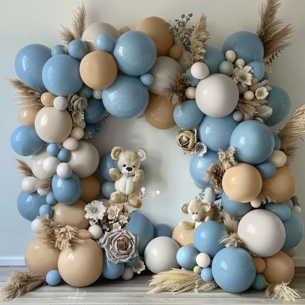 Dusty Blue Brown Balloon Garland Double Stuffed Blue Tan White Sand Grey Latex Neutral Balloon Arch Kit For Teddy Bear Baby Shower Boho Birthday Gender Reveal Party Decoration