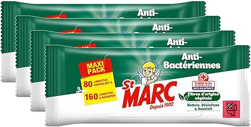St Marc lot de 4 sachets de 80 Lingettes Nettoyantes et Désinfectantes Antibacté