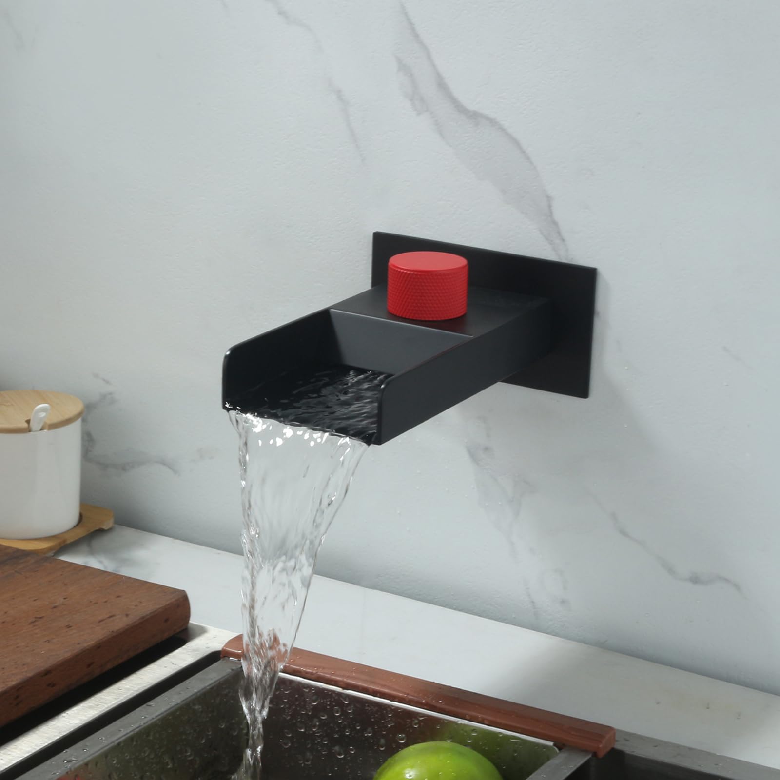 Rubinetto a Cascata per Lavabo da Muro Rubinetto Lavandino Bagno Acqua Fredda Foro Singolo,Nero + Rosso