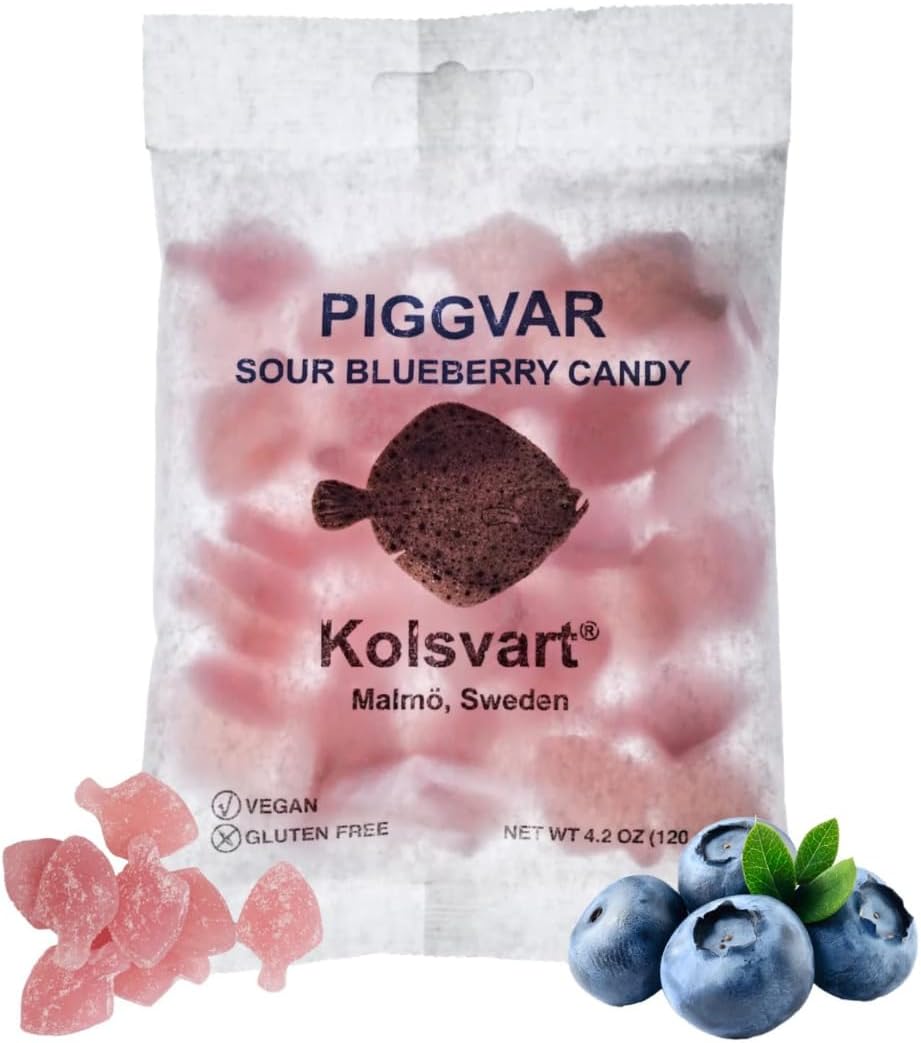 Swedish Candy, Piggvar Shaped, Classic Scandinavian Gummy, Vegan, Gluten Free, Sour Blueberry Flounder, 4.2oz (1-Pack)