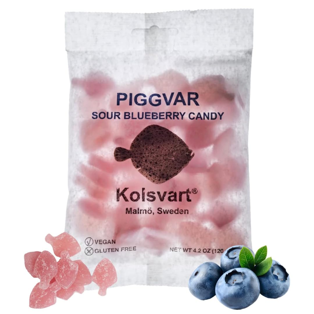 KOLSVART Swedish Candy, Piggvar Shaped, Classic Scandinavian Gummy, Vegan, Gluten Free, Sour Blueberry Flounder, 4.2oz (1-Pack)