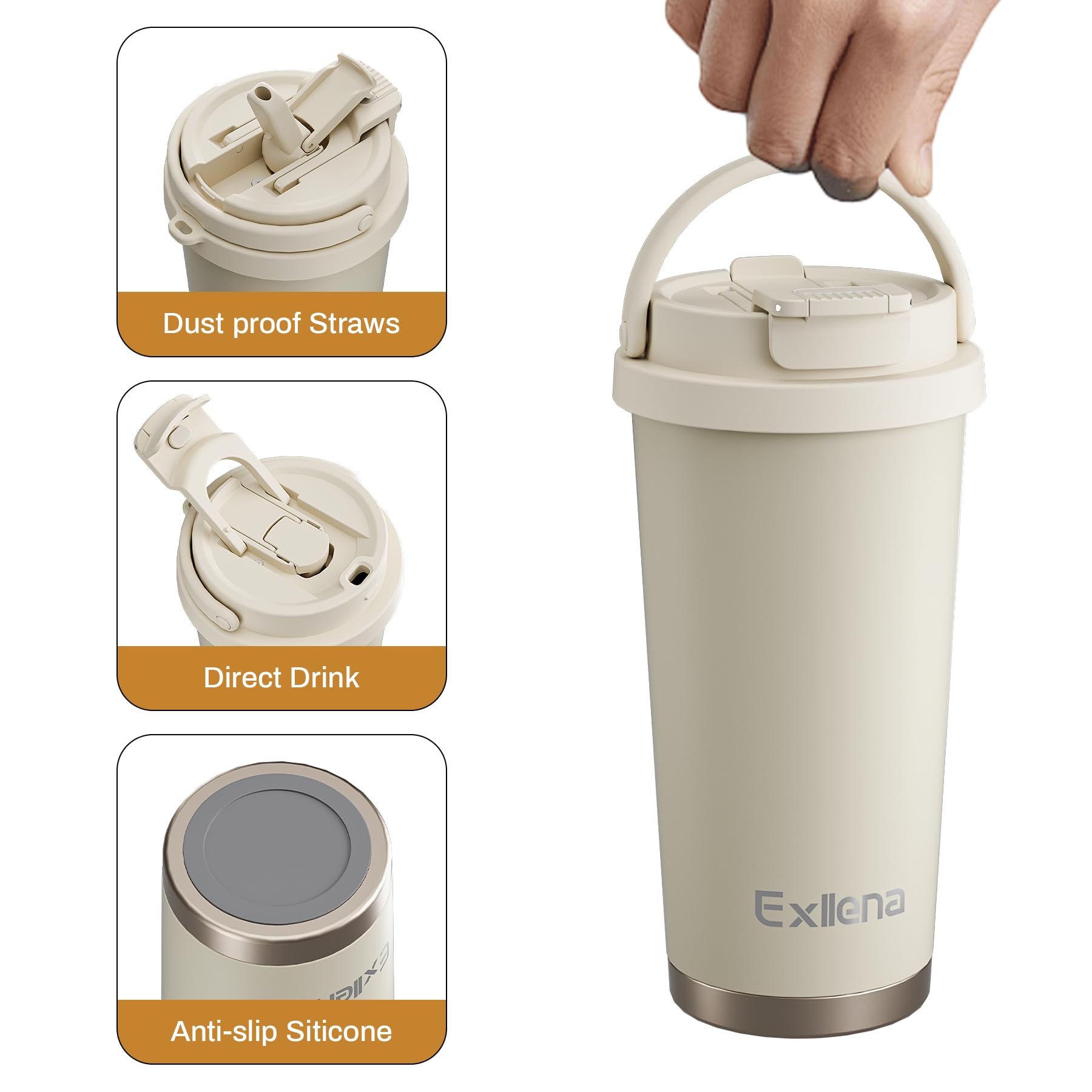 Exllena Travel Mug, Insulated Coffee Cup 500ml with 3-in-1 Lid - Image 2