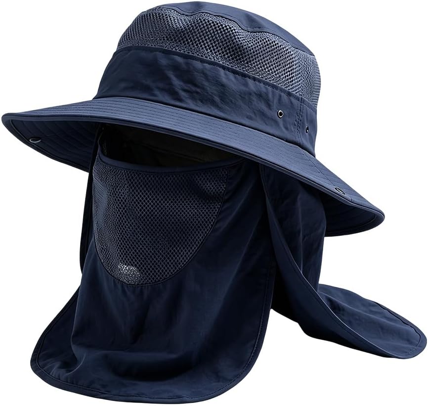 Sun Bucket Hat for Men and Women, Detachable Face Cover Sun Hats,Wide Brim Fish Hat with Neck Flap UV Protection for Hiking