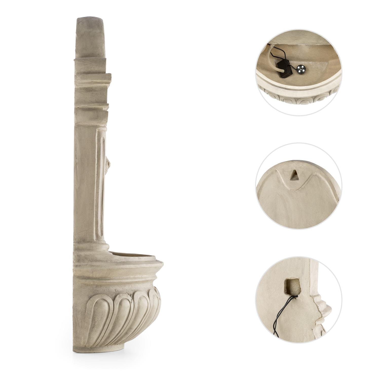 blumfeldt Löwenstein Gartenbrunnen mit LED-Beleuchtung - Löwenkopf Edition, Wandbrunnen antik, Zierbrunnen, Outdoor, Solarpanel, Akku: 2000 mAh, Dämmerungssensor, Naturstein-Optik, grau