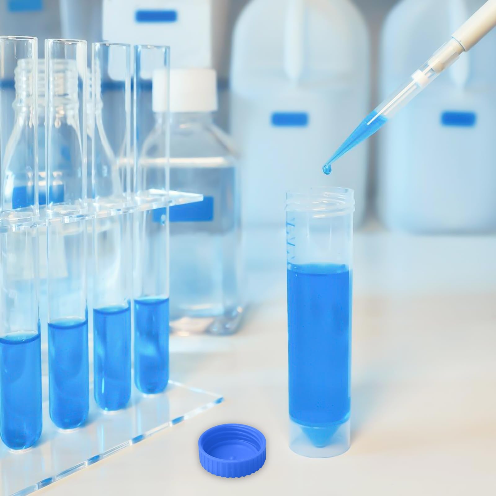 50pcs 50ml Reagenzglas Kunststoff Zentrifugenröhrchen, Blau Reagenzglas Zentrifugenröhrchen mit Schraubverschluss Abgestuften Probenbehälter für Labor Chemie Experimente, Konische + Flachboden (Blau)