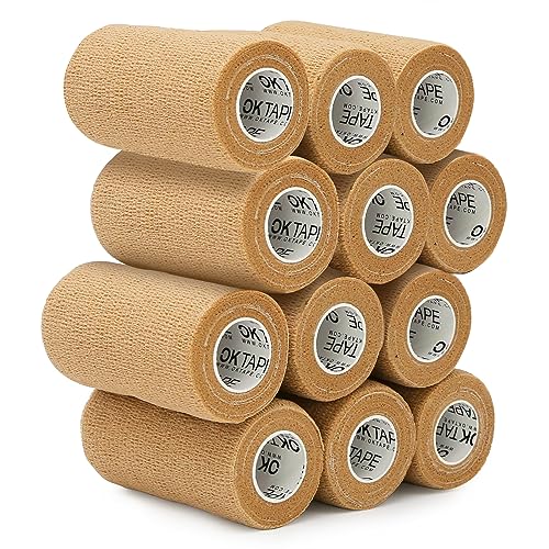 Image of OK TAPE Self Adherent Cohesive Bandages Wrap 12Packs 3 inch x 5 Yards | Non-Woven Self Adhesive Bandage Wrap for Thumb, Finger, Wrist, Ankle, Vet Wrap Bandages Tape (Beige)