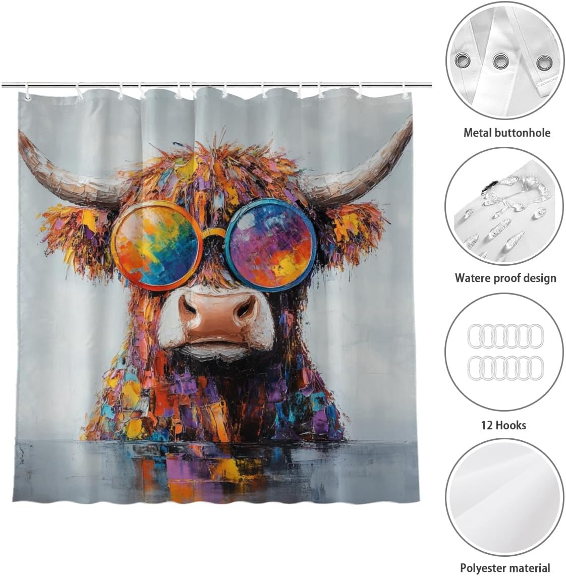 Highland Cow Shower Curtain for Bathroom Decor Fabric Polyester 12 Pack Hooks 72Wx72H Inches