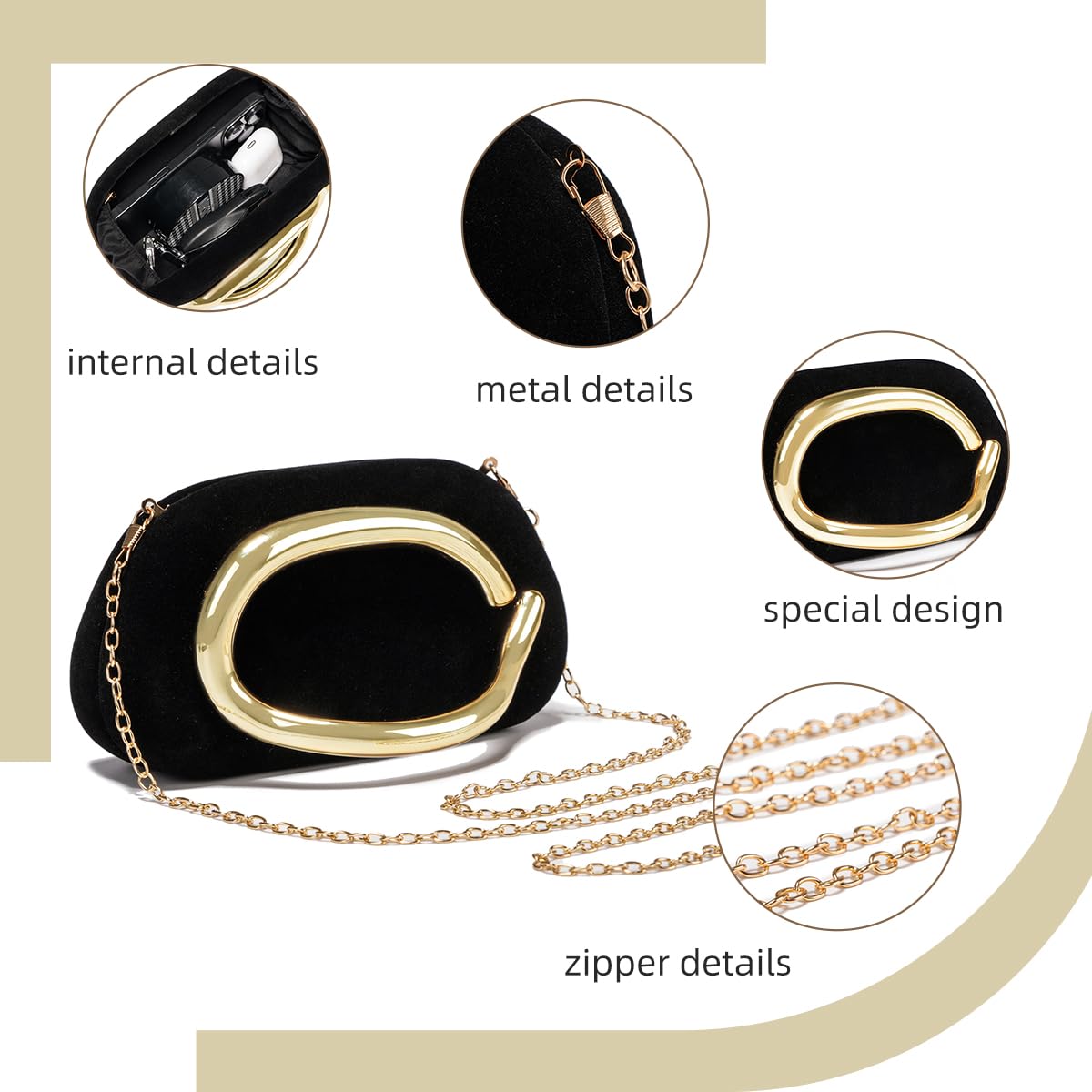 Pochette da sera da donna, in velluto, decorazione in metallo, borsa a tracolla, borsa a tracolla per festa di nozze causale