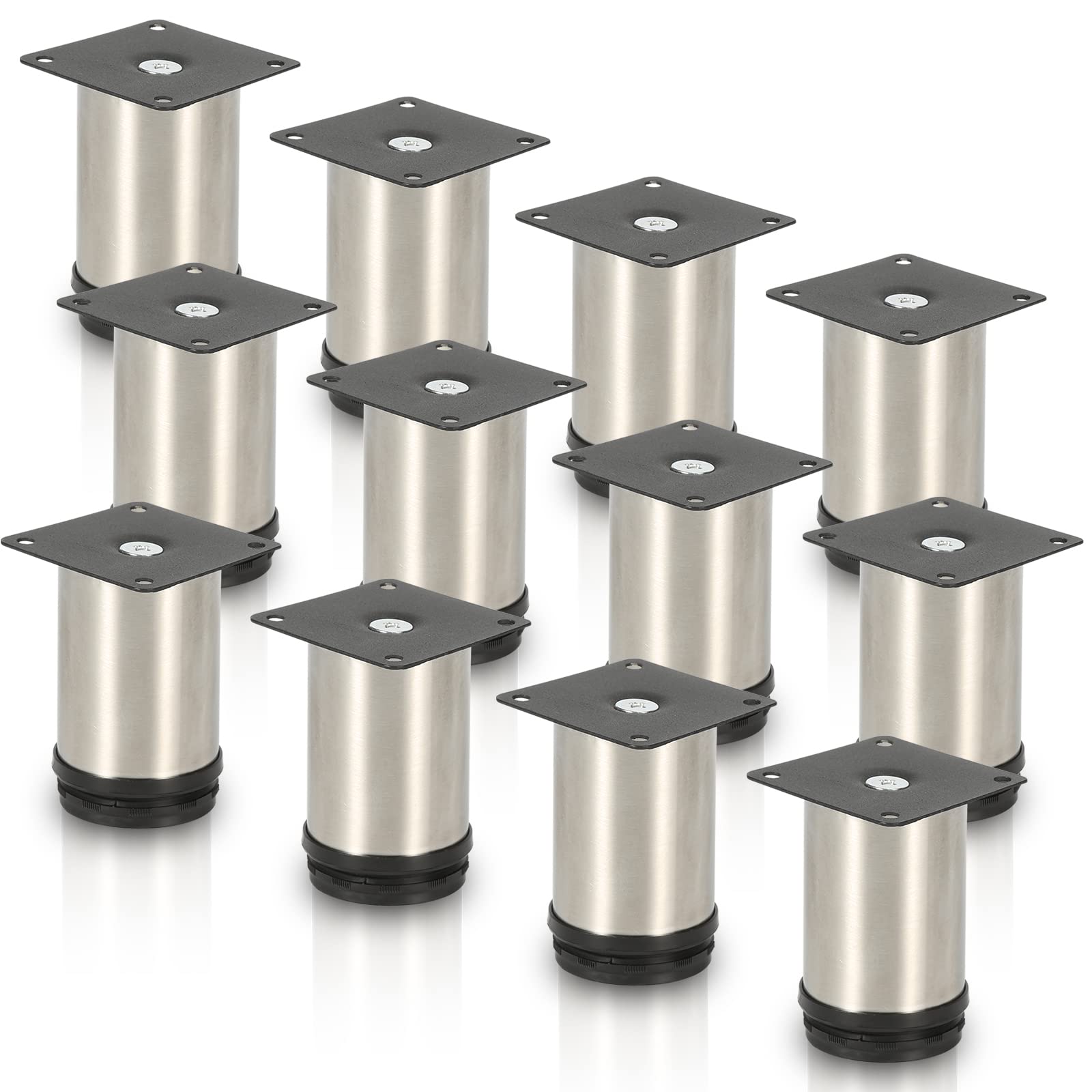 Gimisgu Juego de 12 Patas Redondas para Muebles de Acero Inoxidable, Altura de 100 mm, Altura Regulable: 15 mm, soporta hasta 250 kg, Adecuado para sofá, Cama, mesita de Noche, Armario