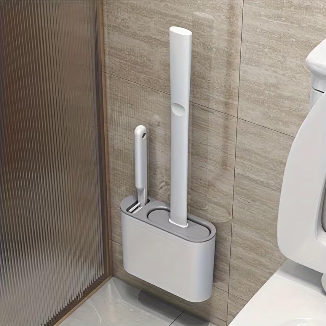 CHONGZFU Toilet Brush and Holder Set 2 in 1 Wall Mounted Silicone Flat Toilet Cleaner with Extra Crevice Cleaning Tool Bathroom Cute Toilet Scrubber Long Handle Toilet Brush with Bowl Brush-image-48