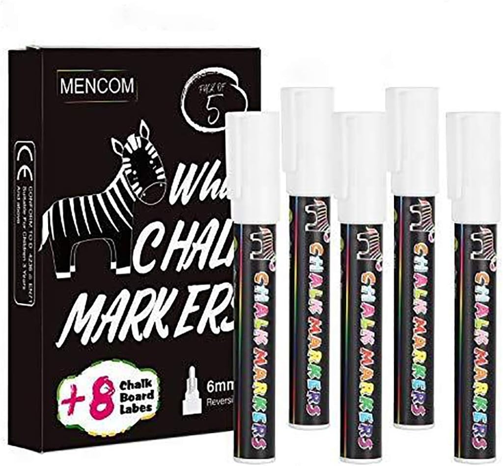 Mencom Liquid Chalk Markers,Vibrant Chalk Pens for Blackboard, Chalkboard, Mirrors Glass, Reversible Tips Chalk Markers for Kids and Adults (5)