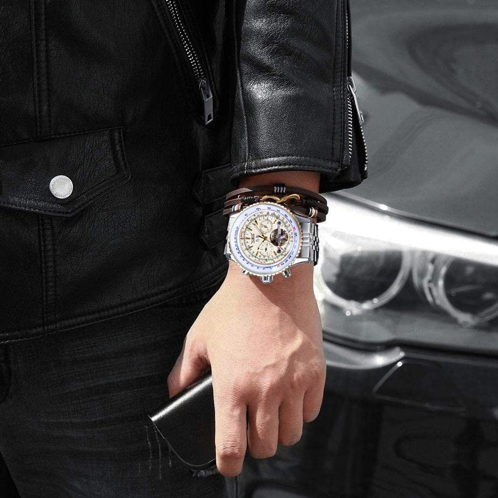 FORSINING Herren-Armbanduhr, selbstaufziehend, automatisch, wasserdicht, Edelstahl, mechanische Armbanduhr, Skelett, Tourbillon, Kalender, Datum