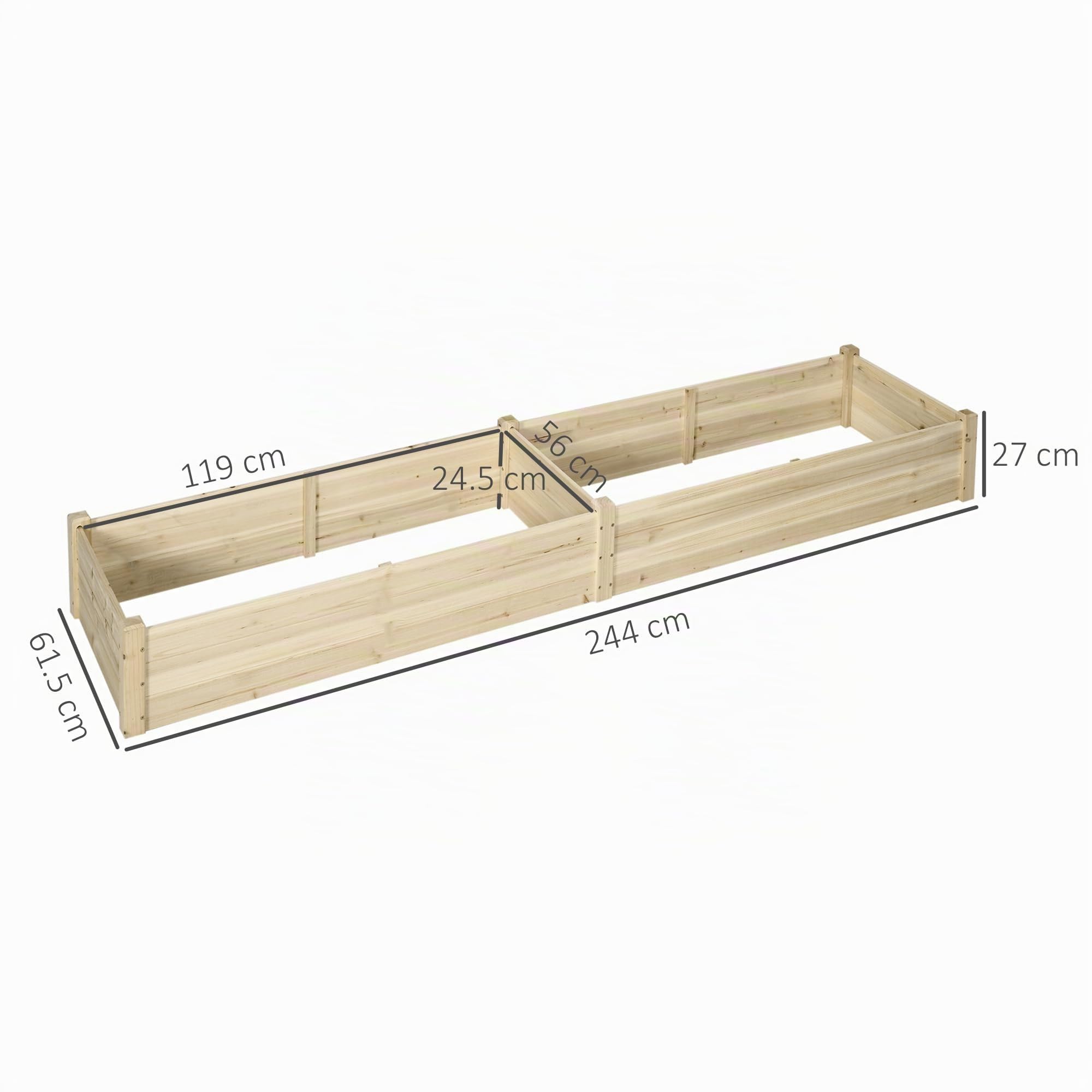 Outsunny Letto per Orto Rialzato, Fioriera con Fondo Aperto 244x61,5x27cm | da Esterno, Legno di Abete, 2 Sezioni Interne Separate, Cassone per Orto a Terra in Legno