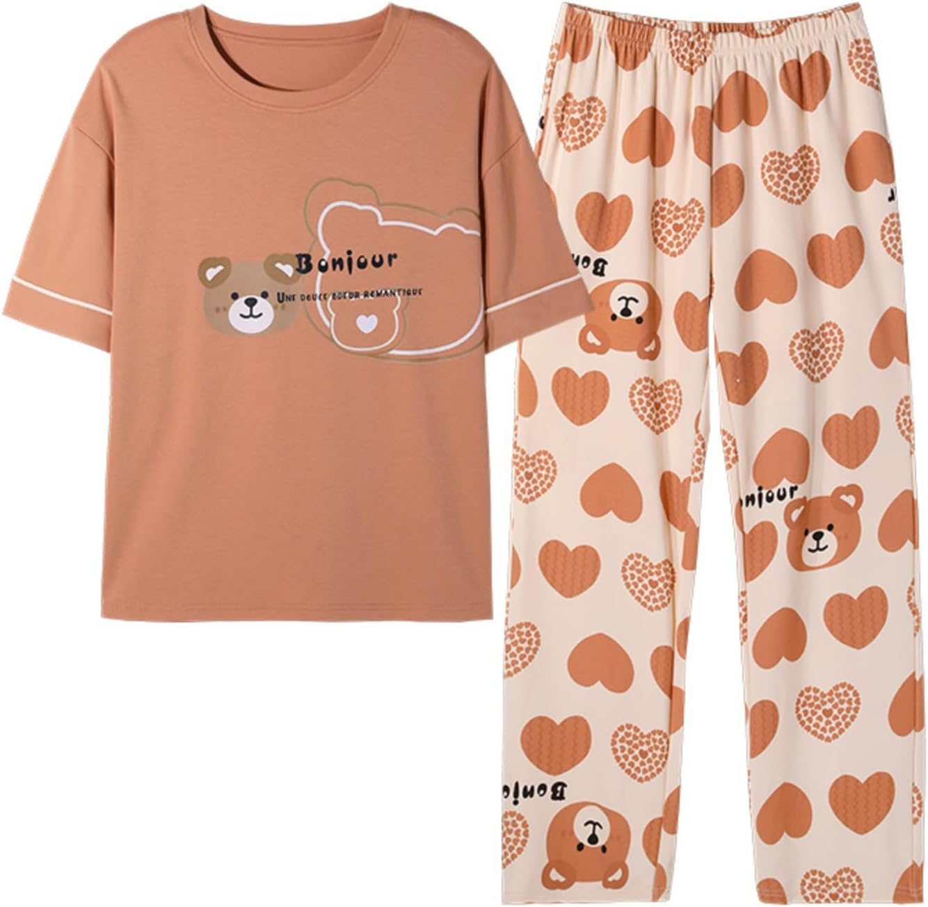 ★ SPAO★ Ivory cute bear short sleeve pajamas SPPPF25U04 Shanghai Story Notched Collar Cotton Bear Print Short Sleeve