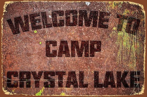 Funny Camping Tin Signs Friday The 13th Metal Sign Welcome to Camp Crystal Lake Tin Sign Outdoor Party Vintage Coffee Bar Room Horror Decorations 8x12Inch