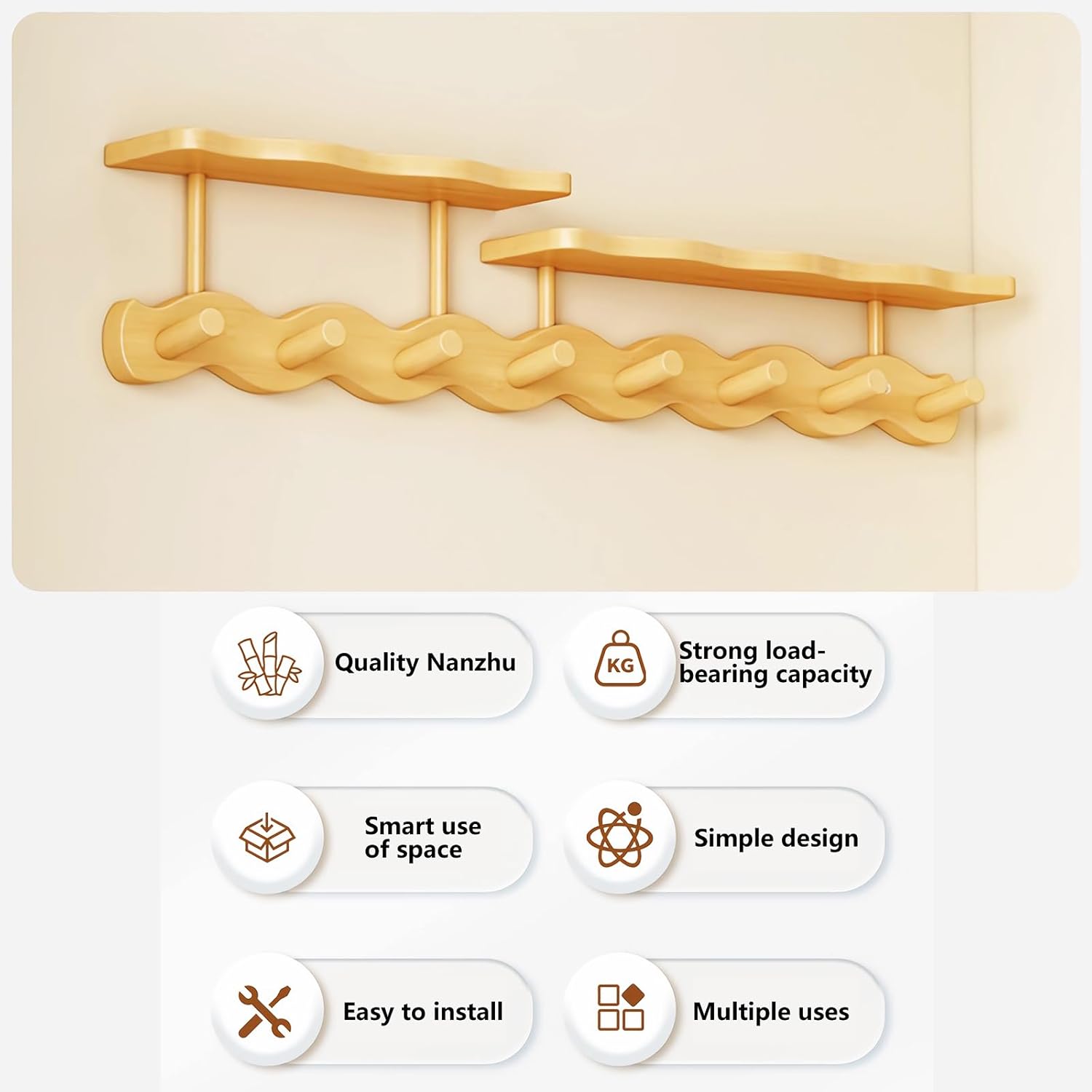 Walnut-6 Hooks Piano Key Clothes Hanger, Sea Wave Crescent Design Wall Mounted Entrance Hanging Clothes Hook for Entering The Door
