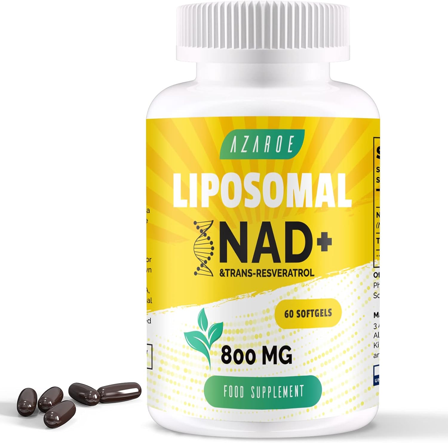 Liposomal NAD+ & Trans-Resveratrol 800mg Softgels, High Absorption, Actual NAD+ Supplement for Cellular Repair, 60 Softgels (60 Count (Pack of 1))