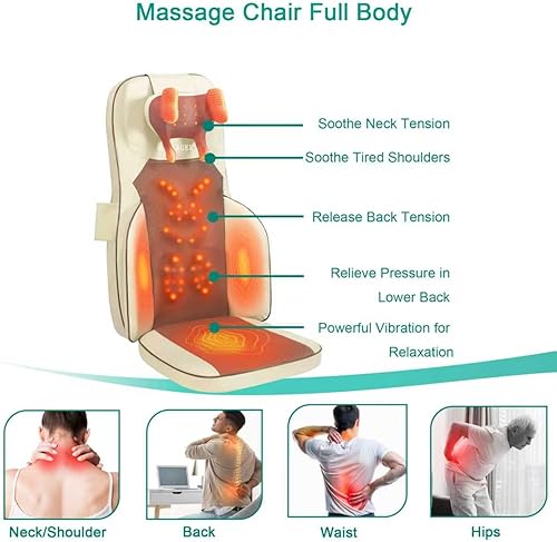 Miniatura 7 de Shiatsu - Almohadilla para silla masajeadora de cuello y espalda con calor, amasamiento de espalda completa, balanceo y vibración, altura e