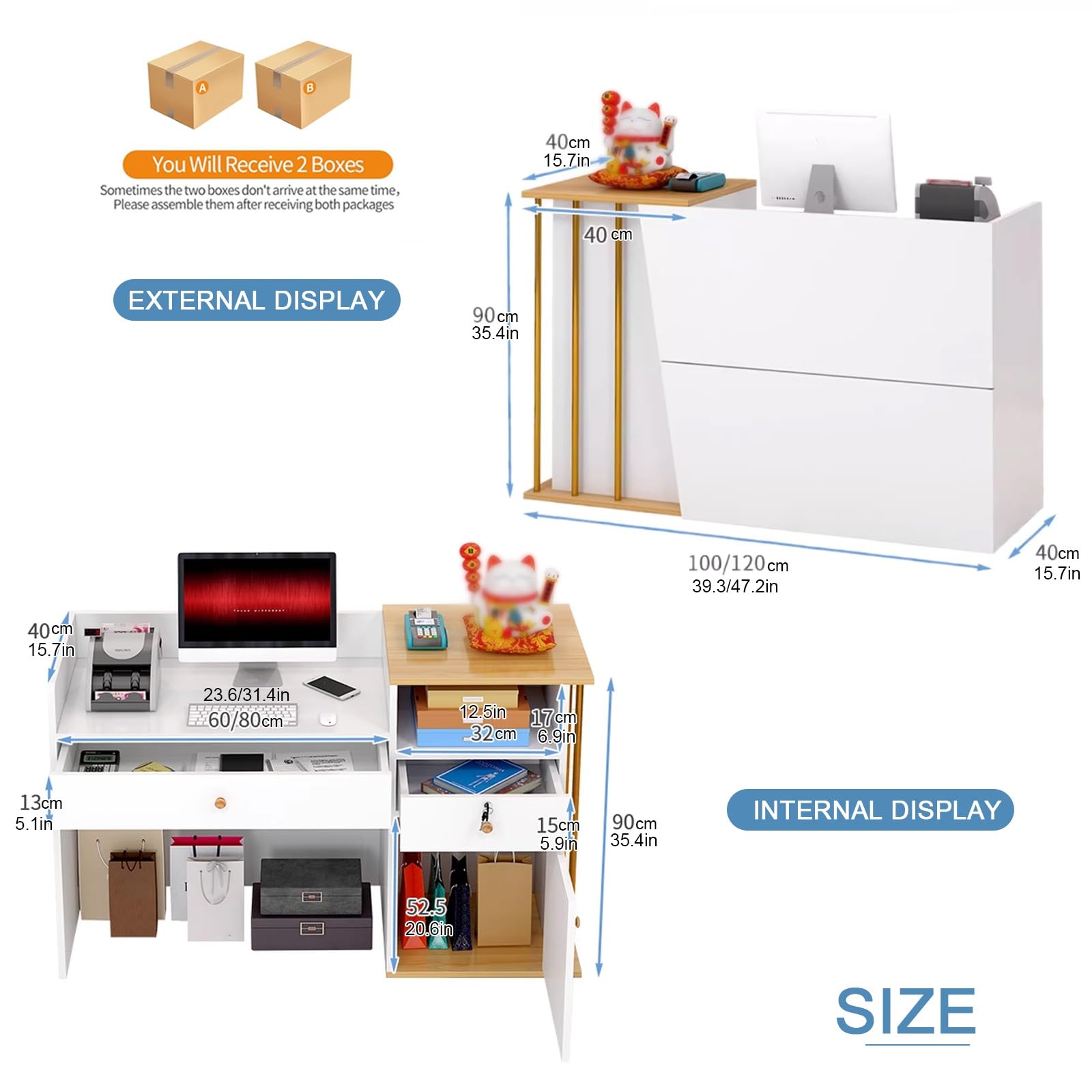 QWEASDF Banco di Reception e Vendita ，Banconi per Sala d'attesa，Piccolo Banco Cassa ，Bancone Reception Moderno，Bancone Cassa Piccolo e Moderno ，Telaio in Acciaio di Ferro(Gray Flower,L39.3in)