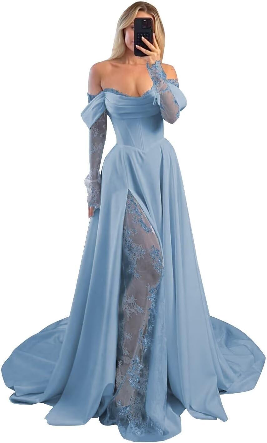 Off Shoulder Satin Wedding Dresses Lace Long Sleeve Prom Dress Corset A-Line Ball Gowns with Slit HWD92