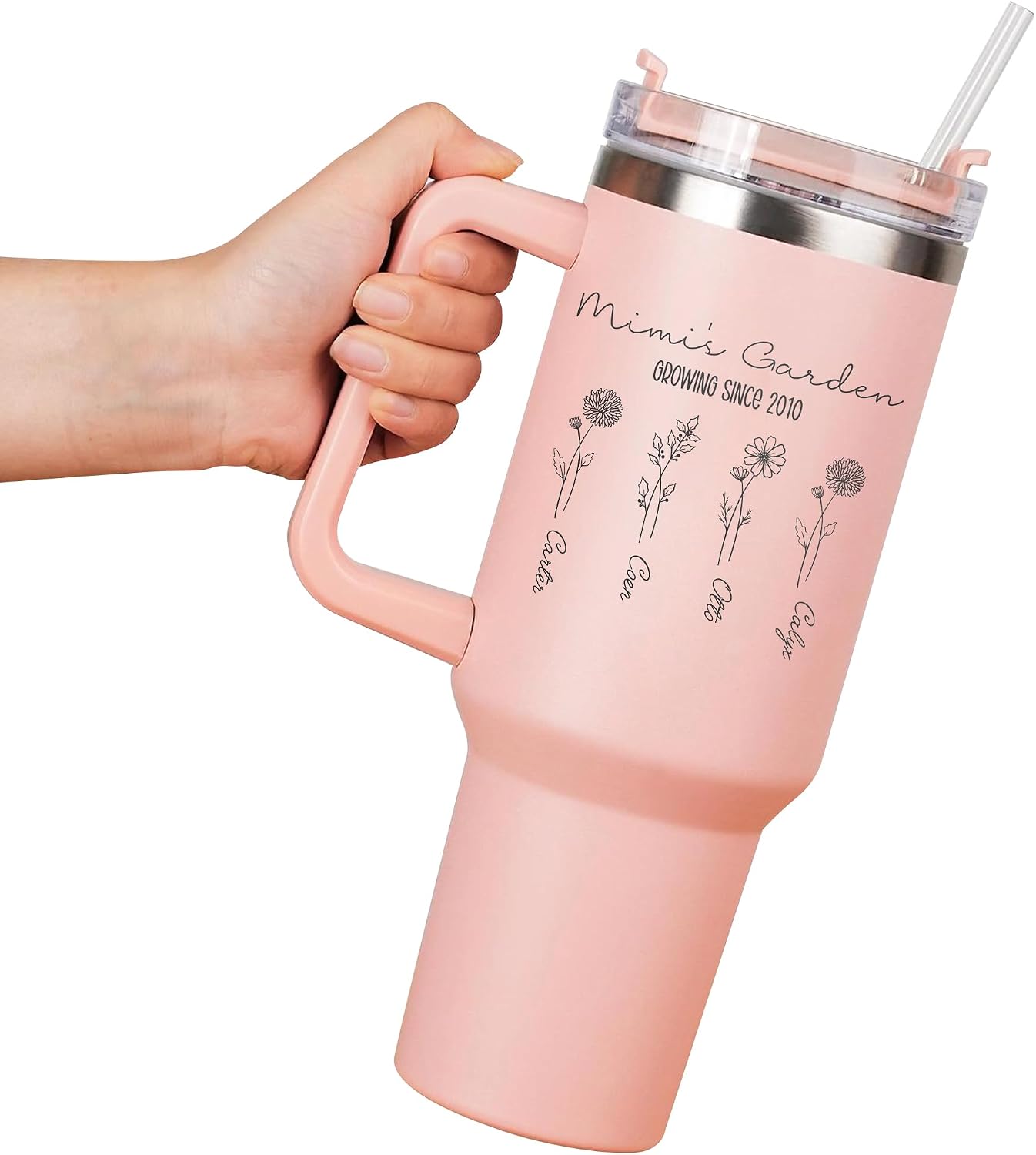 Love Garden Personalized Laser Engraved 40oz Large Tumbler with Handle, Straw&Lid, Tumbler Gifts For Women, Mug Floral Flower Gifts, Mother Cup, Custom Gift Idea for Moms Grandma Mama