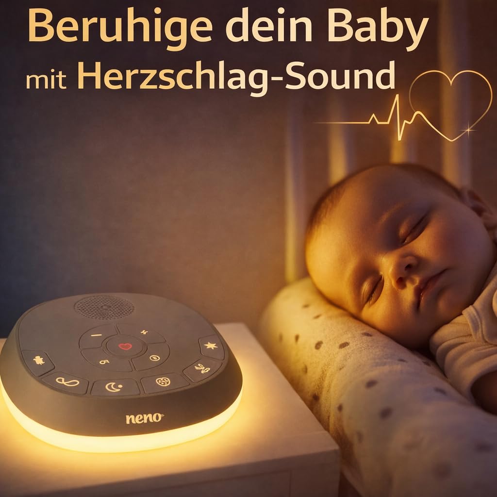 Neno Lumia White Noise Machine Baby - Weißes Rauschen mit Einschlafmusik - Einschlafhilfe Babys mit Nachtlicht - Naturgeräusche Box mit Stilllicht und Herzschlag-Aufnahmefunktion