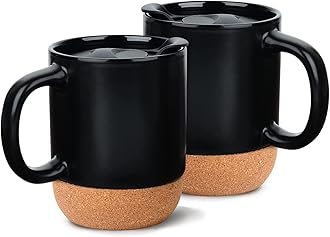 Masroo Coffee Mugs Set of 2, 400ml Ceramic Mug with Insulated Cork Bottom and Splash Proof Lid, Large Coffee Mug with Handle, Valentines Day Gifts for Men, Women