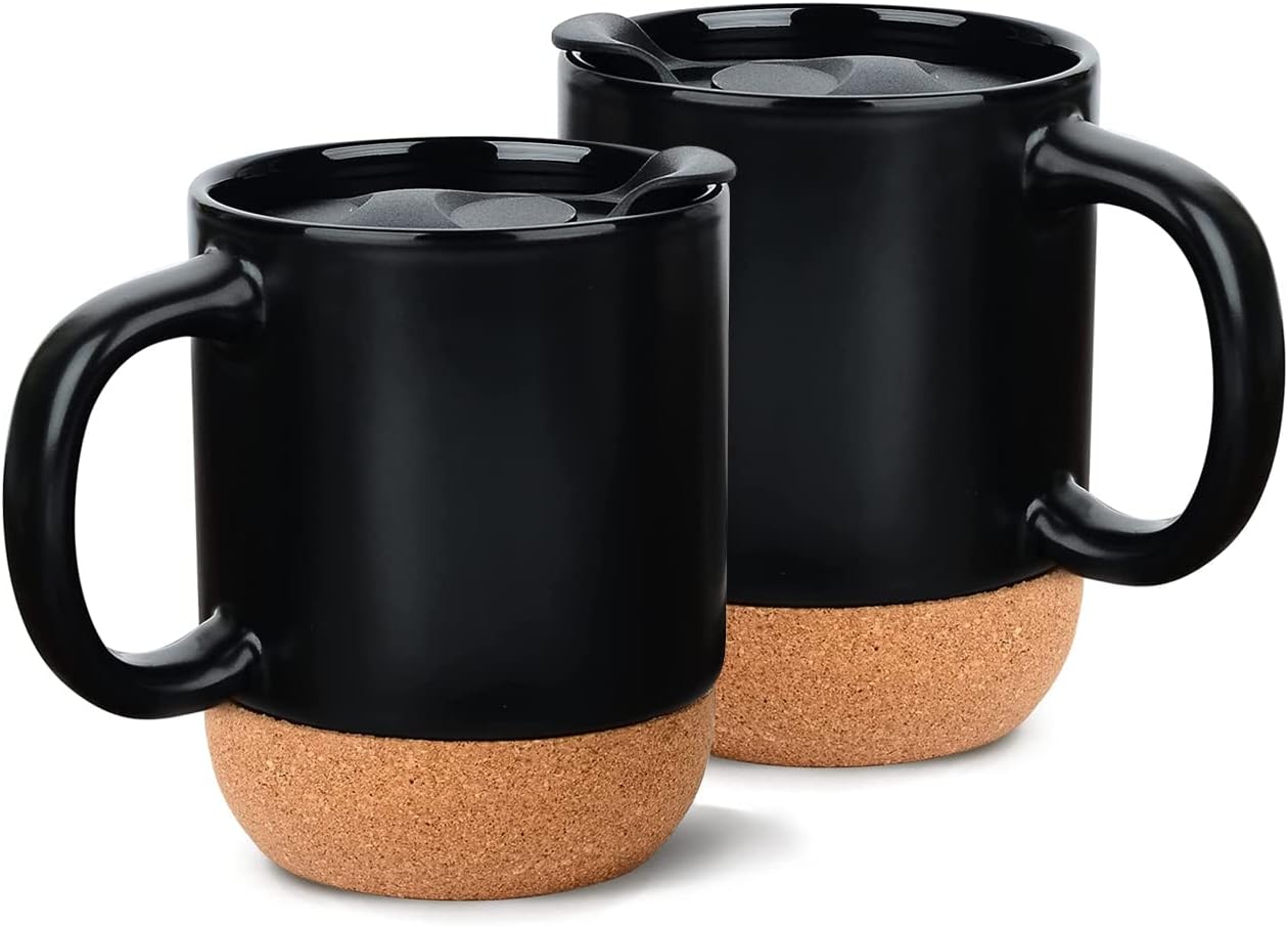 Coffee Mugs Set of 2, 400ml Ceramic Mug with Insulated Cork Bottom and Splash Proof Lid, Large Coffee Mug with Handle, Valentines Day Gifts for Men, Women