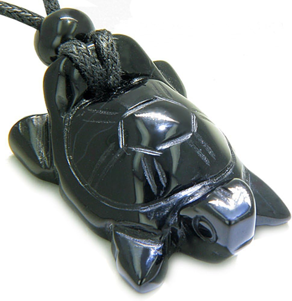 BestAmulets Amulet Lucky Charm Turtle Black Agate Spiritual Protection Powers Pendant Necklace