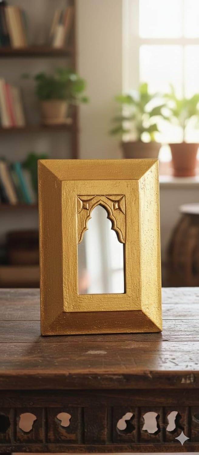 Small Arched Mirror, Gold Distressed Finish, Handcrafted, Vintage Style, for Vanity Tabletop Accent