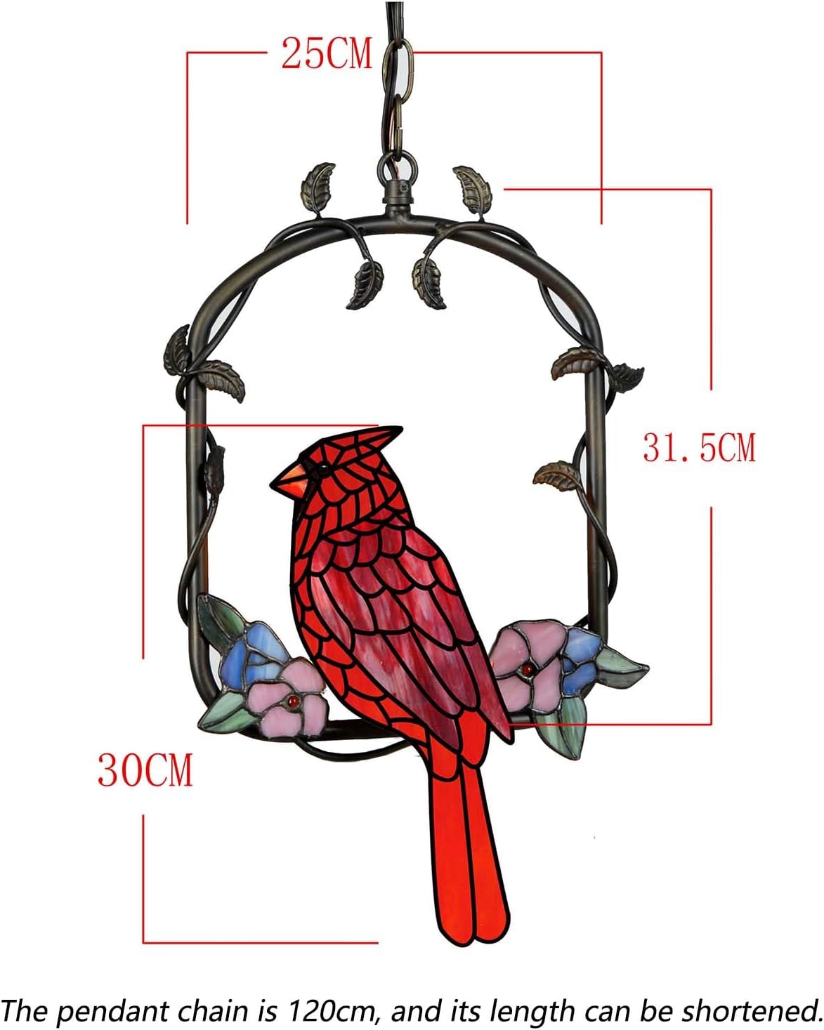 Bieye L10890 Red Cardinal Bird on The Swing Tiffany-Style Stained Glass Ceiling Pendant Light for Living Room