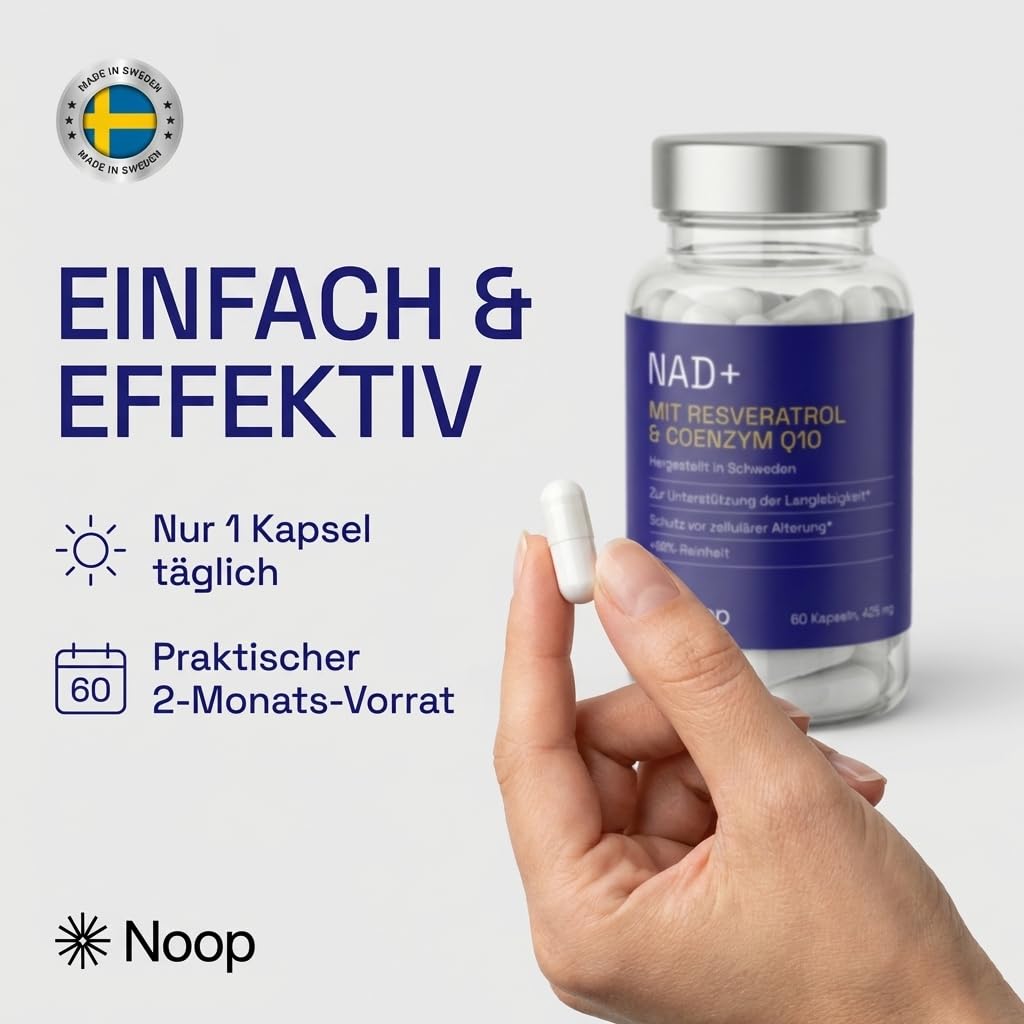 NOOP NAD Plus Kapseln Hochdosiert 900mg Premium NAD+ Komplex mit Trans-Resveratrol & Coenzym Q10 - Anti Aging Supplement mit 60 Vegane Kapseln und Laborgetestet, Made in Schweden