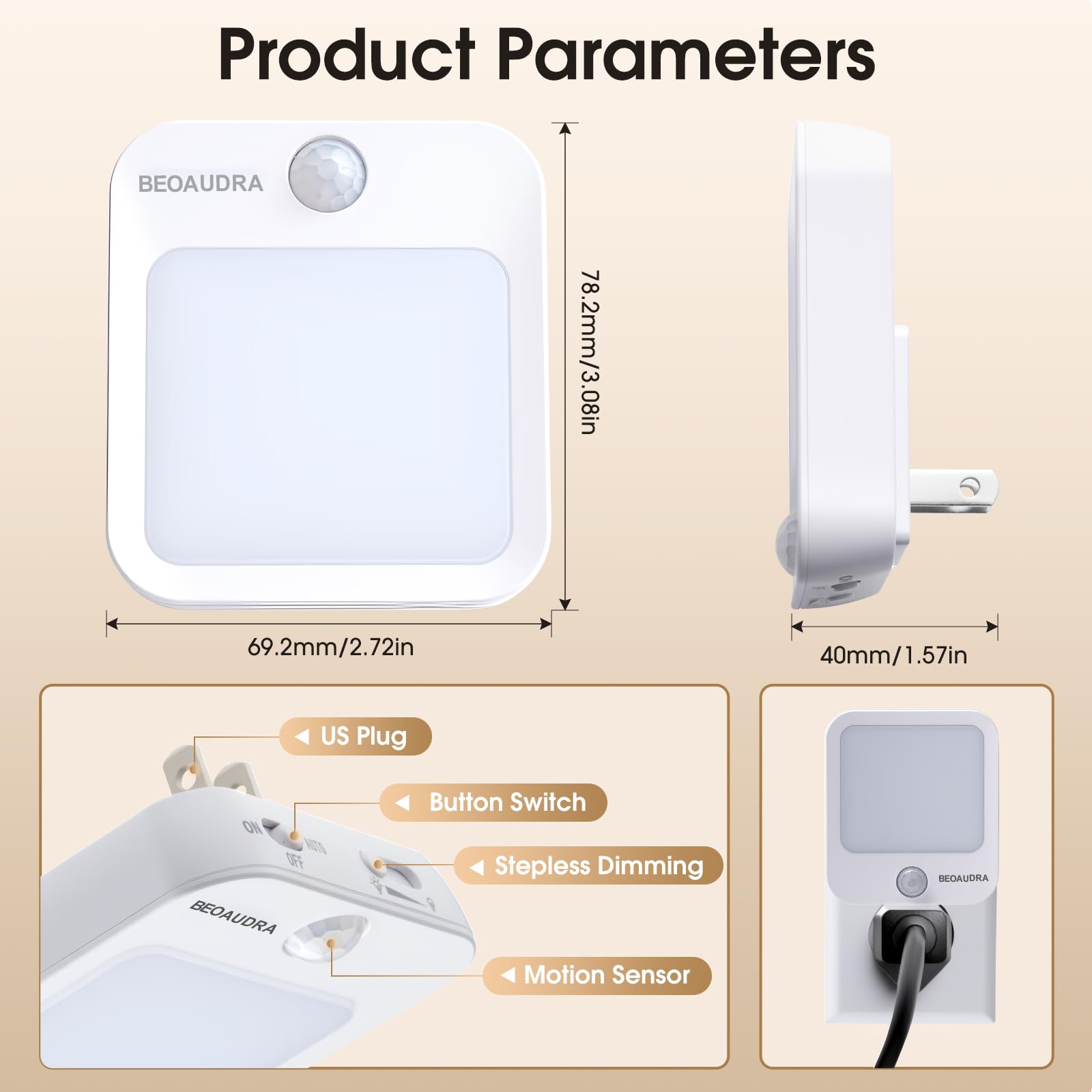 Plug-in-Bewegungsmelder-Lichter mit einstellbarer Helligkeit, warmweiß, bewegungsaktiviertes LED-Nachtlicht für Schlafzimmer, Badezimmer, Treppen, Flur, Wohnzimmer, 2 Stück