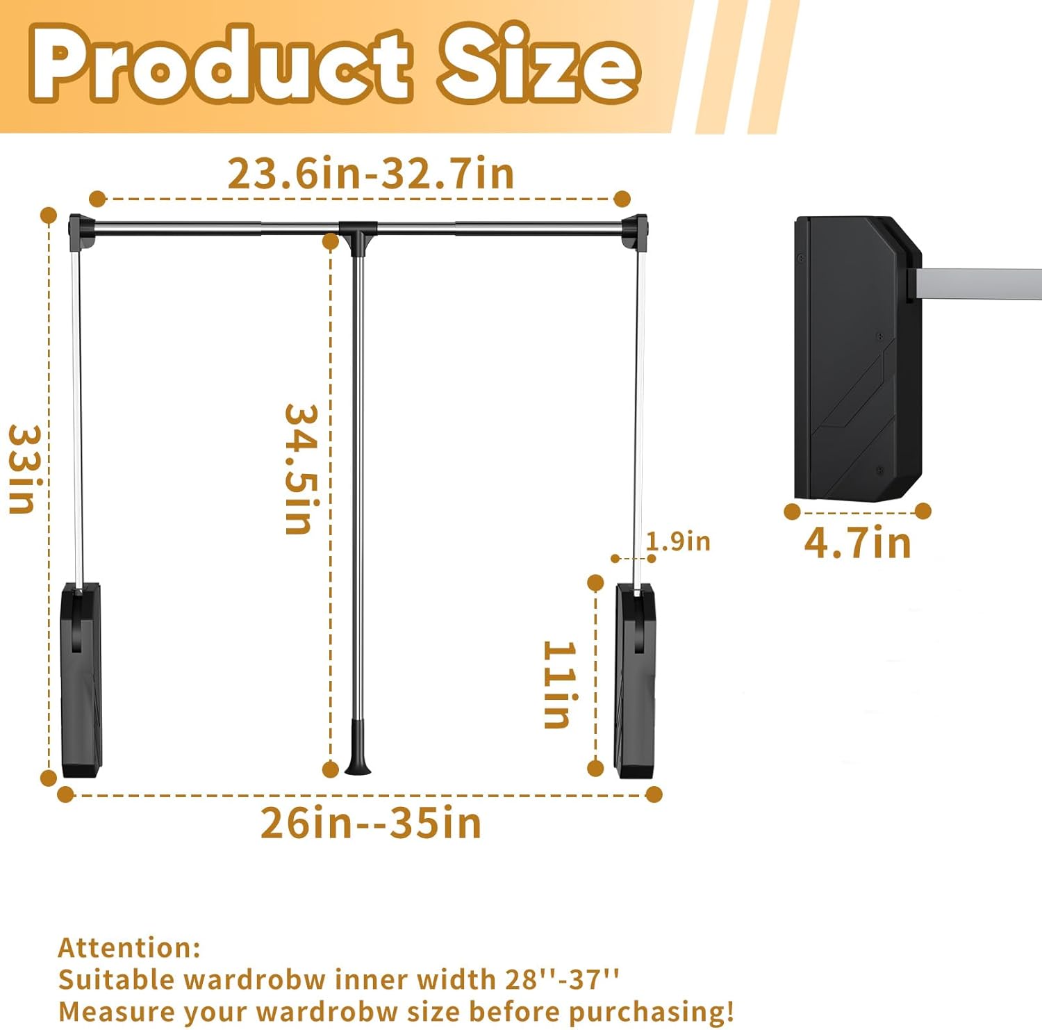 tonchean Pull Down Closet Rod 26-35 Inch Adjustable Side & Back Mounted Closet Rod for Cabinets Soft-Close Wardrobe Lift Rail Organizer for Hanging Clothes, 60lbs Load Capacity