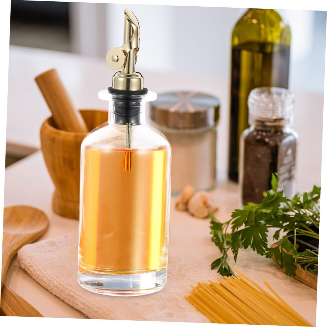 GARVALON Automatic Opening Oil and Vinegar Dispenser Bottles 500ml Glass Oil Container Set of 2 with Gold Finish, Kitchen Cruet for Cooking and Salad Dressing