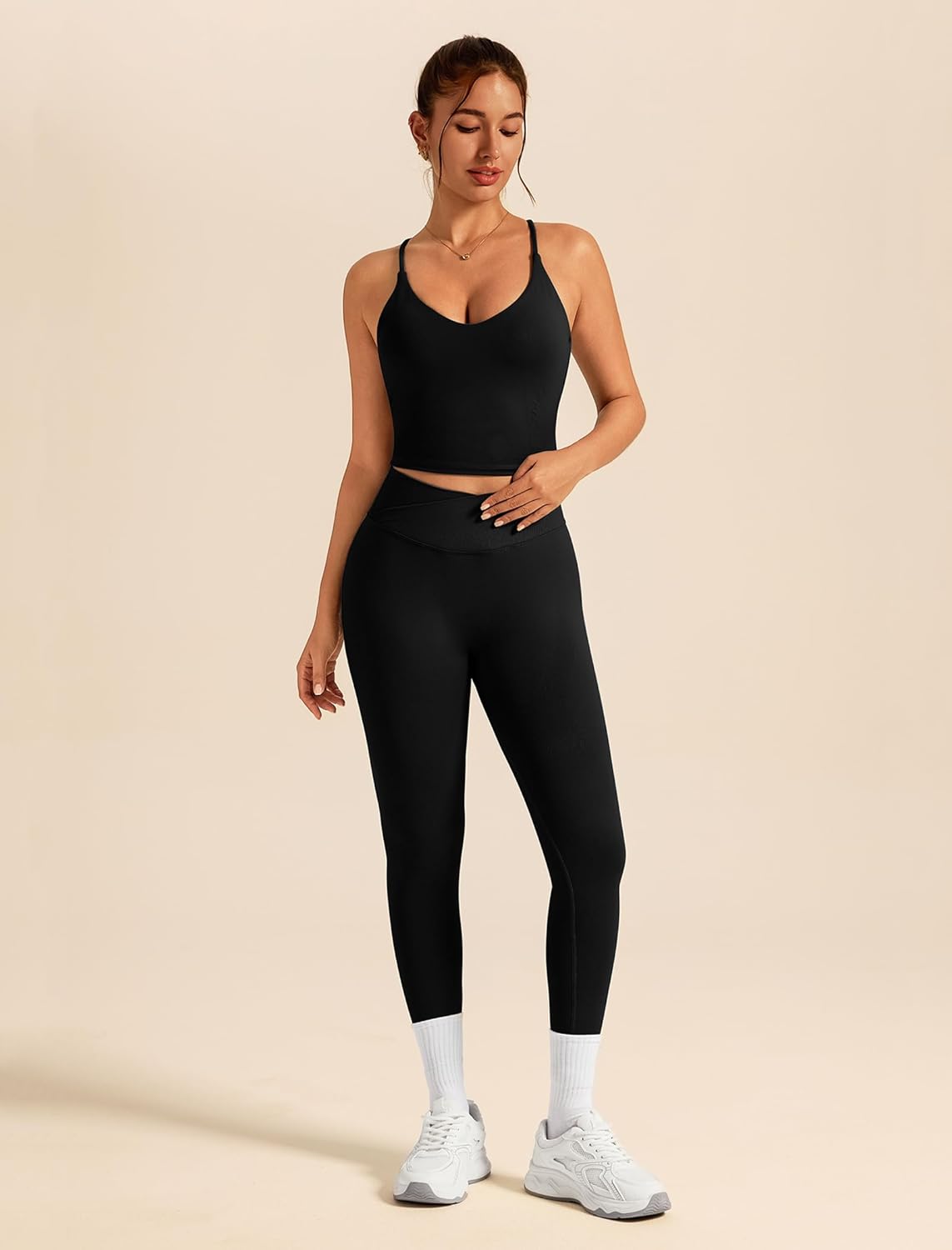 ABOCIW Womens Workout Sets 2 Piece Seamless Strappy Tank Top Crossover Waist Leggings Gym Sets Active Wear - Image 2