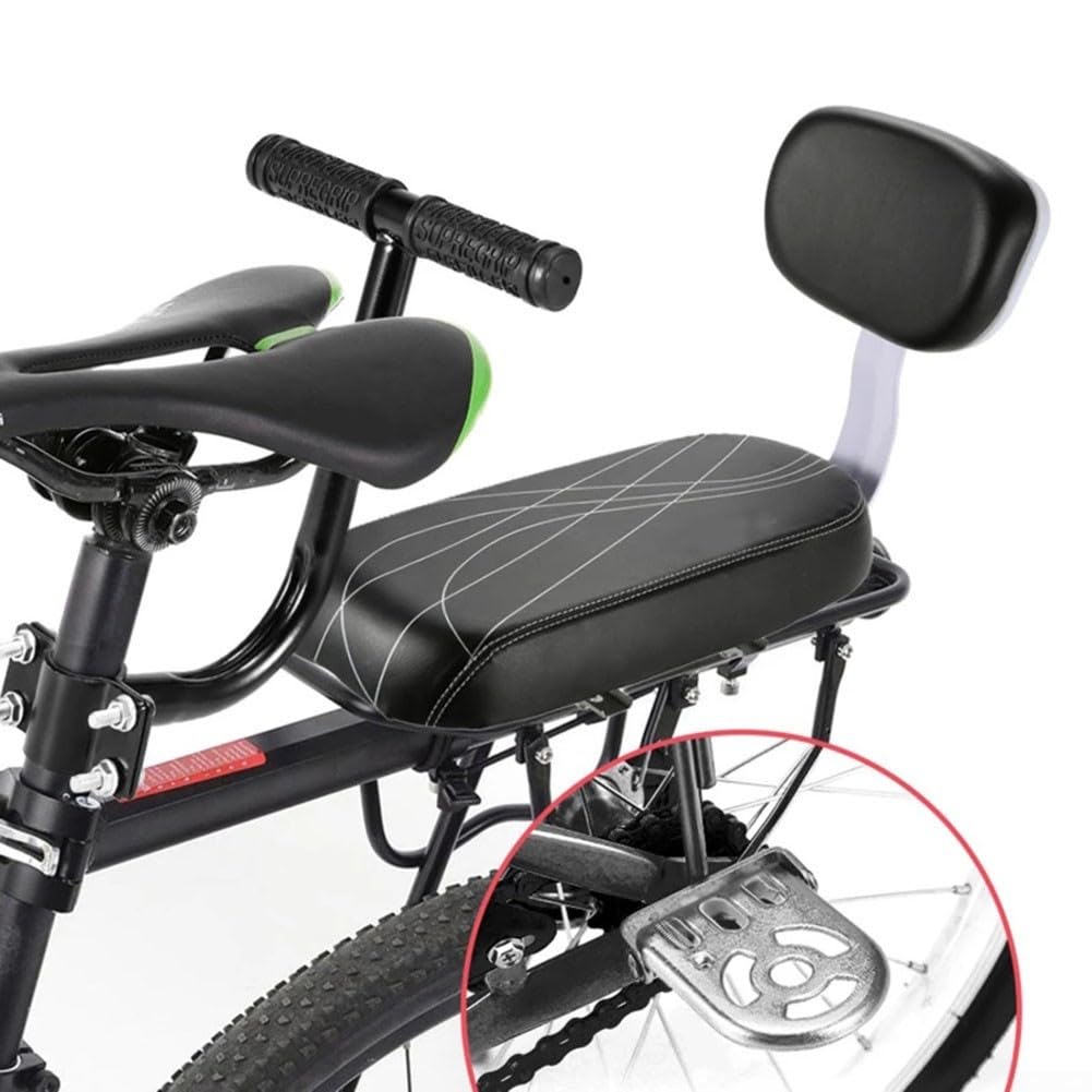 Seggiolino posteriore con schienale per mountain bike e bici elettriche, telaio in lega, cuscino in schiuma morbida, supporto forte, per adulti e ragazzi, nero, 34 cm, con maniglia e pedali