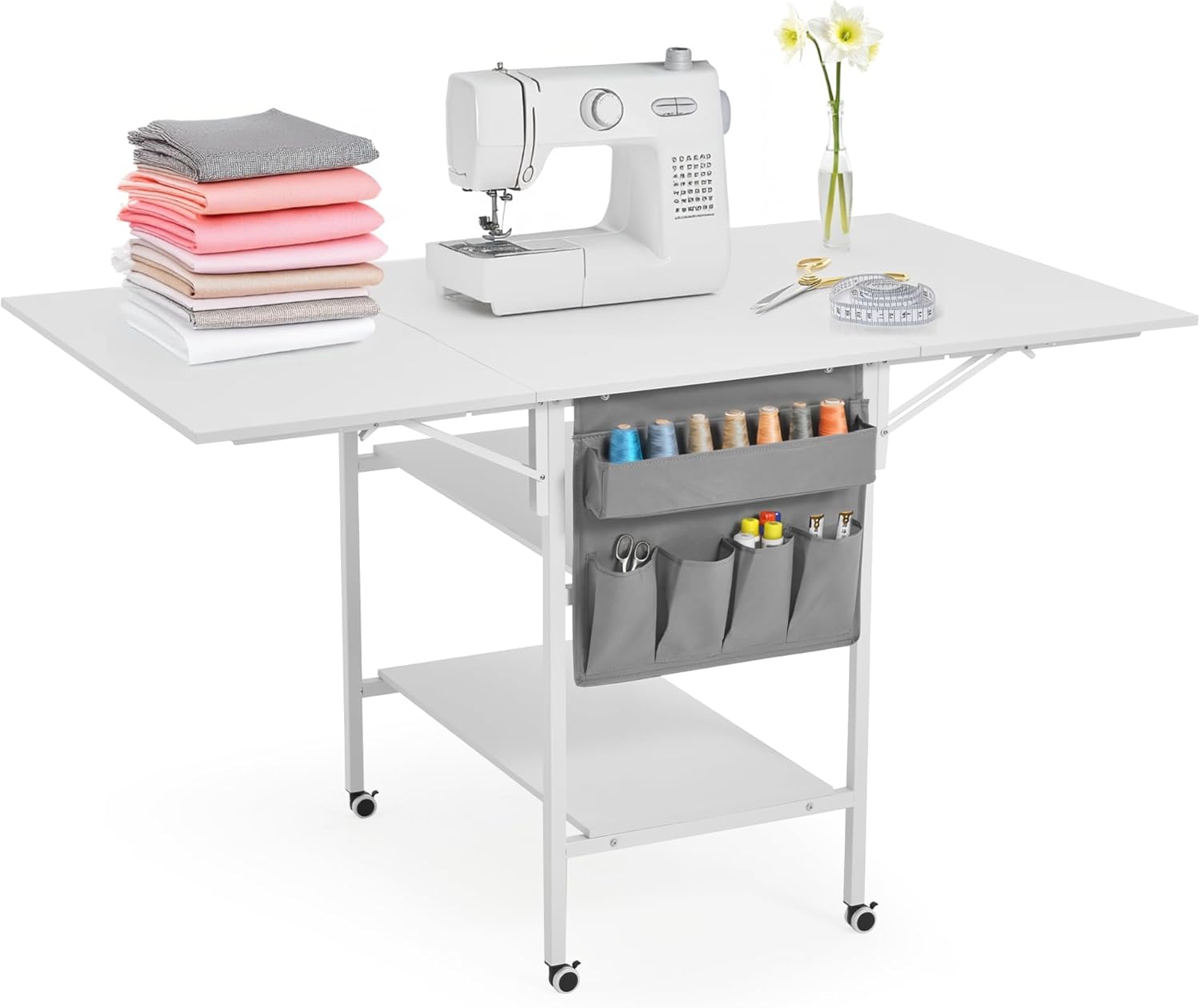 EROMMY Home Hobby Sewing Table with Storage Shelves and Storage Bag, Mobile Folding Cutting Table for Large Fabric, Foldable Desk for Home Office Sewing Room Craft Room, Fixed Height 36in