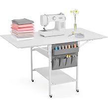 EROMMY Home Hobby Sewing Table with Storage Shelves and Storage Bag, Mobile Folding Cutting Table for Large Fabric, Foldable Desk for Home Office Sewing Room Craft Room, Fixed Height 36in