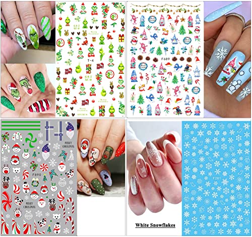 10 Sheets Christmas Nail Stickers 3D Xmas Nail Decals Winter White Snowflake Santa Claus Snowman Bell Reindeer Nail Stickers For Women Girls Christmas Nail Designs Decoration Charms #TOP3